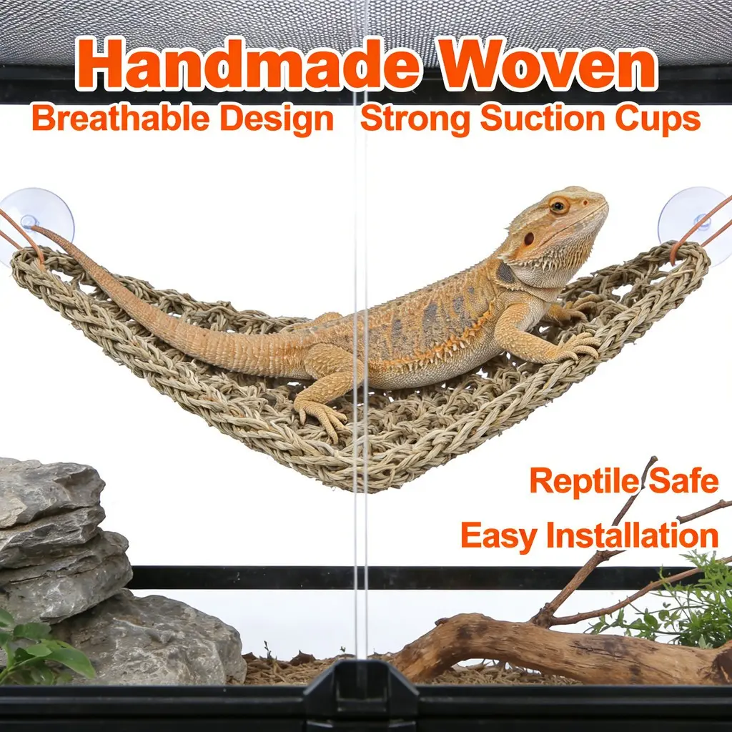Reptile Triangle Hammock Handmade Handwoven Natural Material, Suitable for Bearded Dragons and Geckos, Non-Toxic Bite-Resistant, Strong Suction, Breathable