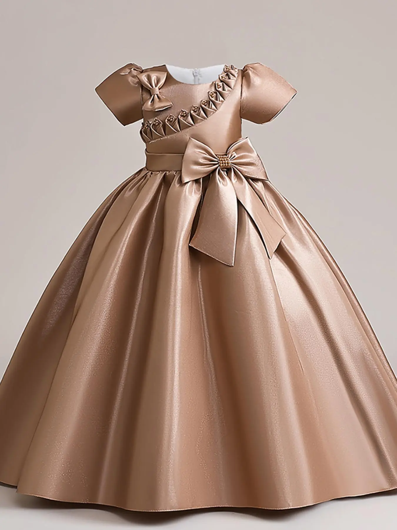 Toddler Girl's Big Bow Decor Frill Trim Bow Faux Pearls Plicated Satin Fit  and Flare Dress,