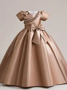Toddler Girl's Big Bow Decor Faux Pearls Plicated Satin Fit and Flare Dress, Lovely Bow Dress, Elegant Puff Sleeve Round Neck Dress for Party, Birthday Dress, Kids Clothes for All Seasons