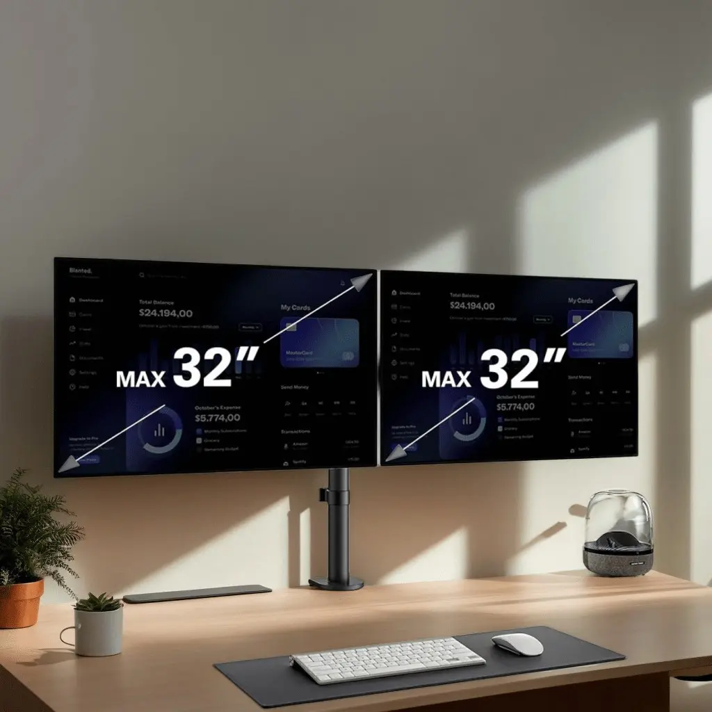 A Dual Monitor Stand That Accommodates Screens Ranging from 13 to 32 Inches, Fully Adjustable for Two Computer Displays, Robust Design Supporting Up to 17.6 Lbs Per Stand, in Black, Ideal for Remote Work