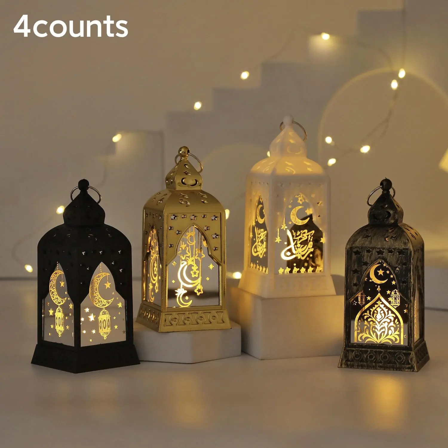 4 Pcs Ramadan Moon and Star LED Candlestick Lights, Vintage Decorative Lamps for Ramadan and Valentine's Day Home Table Atmosphere Decor, Vintage Candle Stand