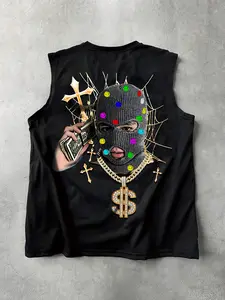 Men's Street Style Sleeveless Graphic Vest, Cool Cartoon Face Cross Letter Print, Round Neck, Summer Fashion, Casual Daily Wear, Sleeveless Clothes