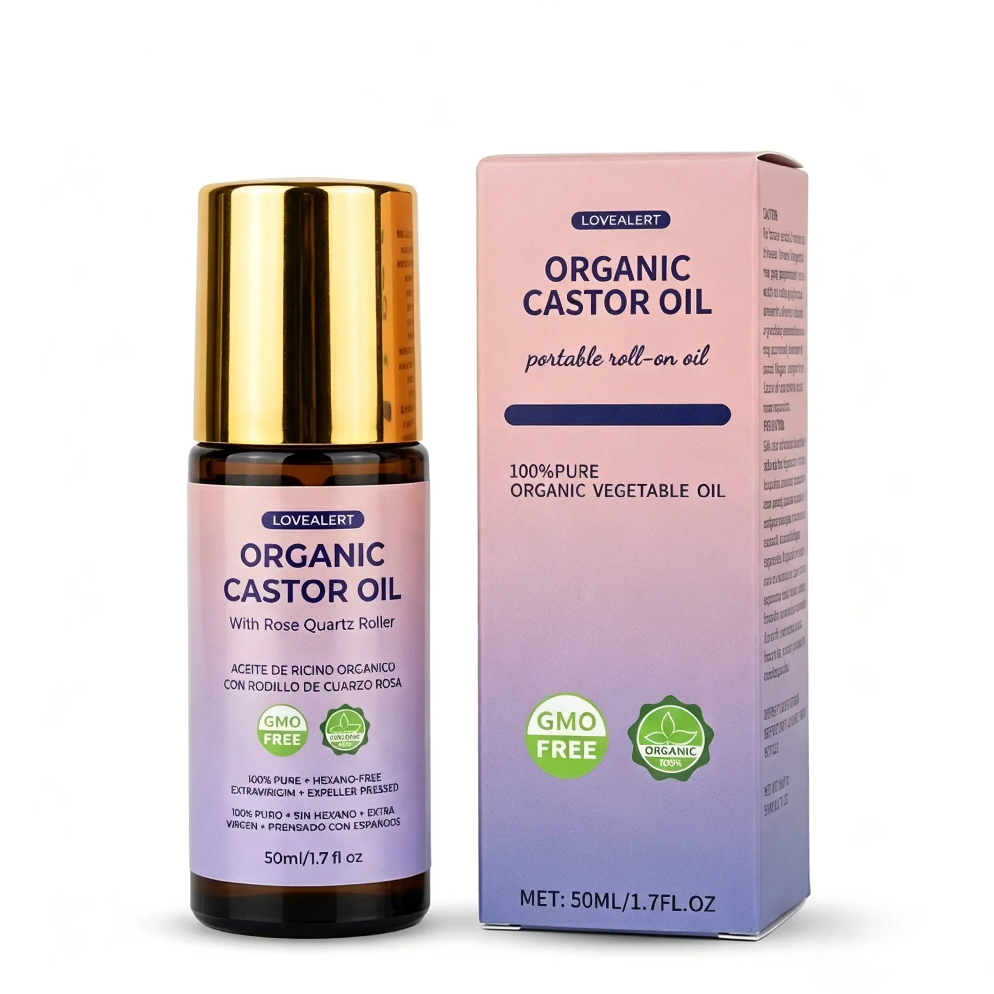 LOVEALERT Organic Cold-Pressed Castor Oil with Rose Quartz Roller Ball - Cosmetic Moisturizer, Hydrating Single Item for Brow & Lash Care, Cooling Massage Applicator for Daily Hair, Scalp & Body Routine