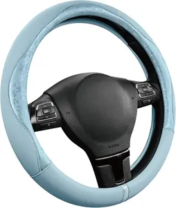 Steering Wheel Cover, Light Blue Patterned Leather Patchwork Design, Universal Fit 14.5"–15.5", Anti-Slip, Odor-Free, Soft PU Grain Leather, Durable Grip Car Accessory for Girls & Women