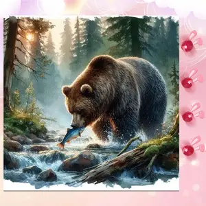 5D DIY Full Drill Round Diamond Painting - Diamond Art Kit Bear Paw Catching Fish Mosaic, Canvas - DIY Decorative Painting, Home Wall Decor, Suitable for Halloween and Christmas, Birthday and Anniversary Gifts
