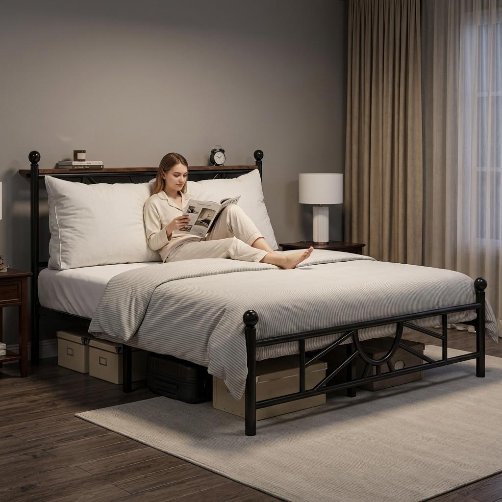 【1300 lbs Capacity】King Queen Full Metal Bed Frame with Headboard & LED, NO MATTRESS,Under Bed Storage Space & Strong Metal Slats, Iron Bed Frame, Noise-Free, Easy Assembly, Modern Bedroom Furniture,Easy Assembly,Black