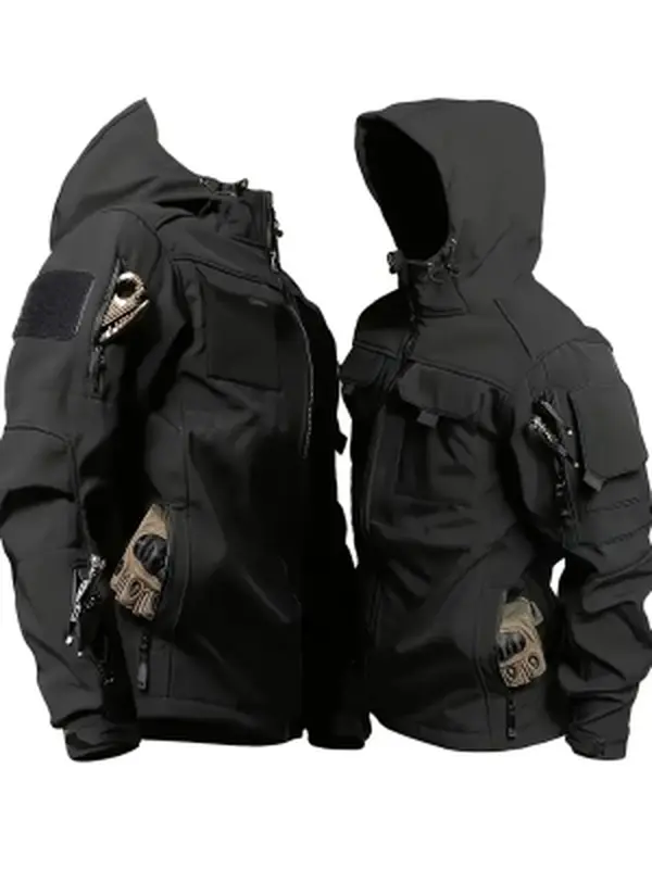 Men’s tactical softshell jacket with hood design, multiple pockets, windproof outdoor outerwear, practical full-zip jacket suitable for hiking, camping, and work settings.
