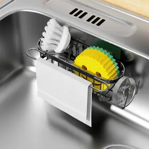 Stainless Steel Kitchen Sink Caddy Sponge Holder, In-sink Kitchen Organizer with Brush Holder, Dish Cloth Hanger, Sink Stopper Holder (Suction Cup - Black)