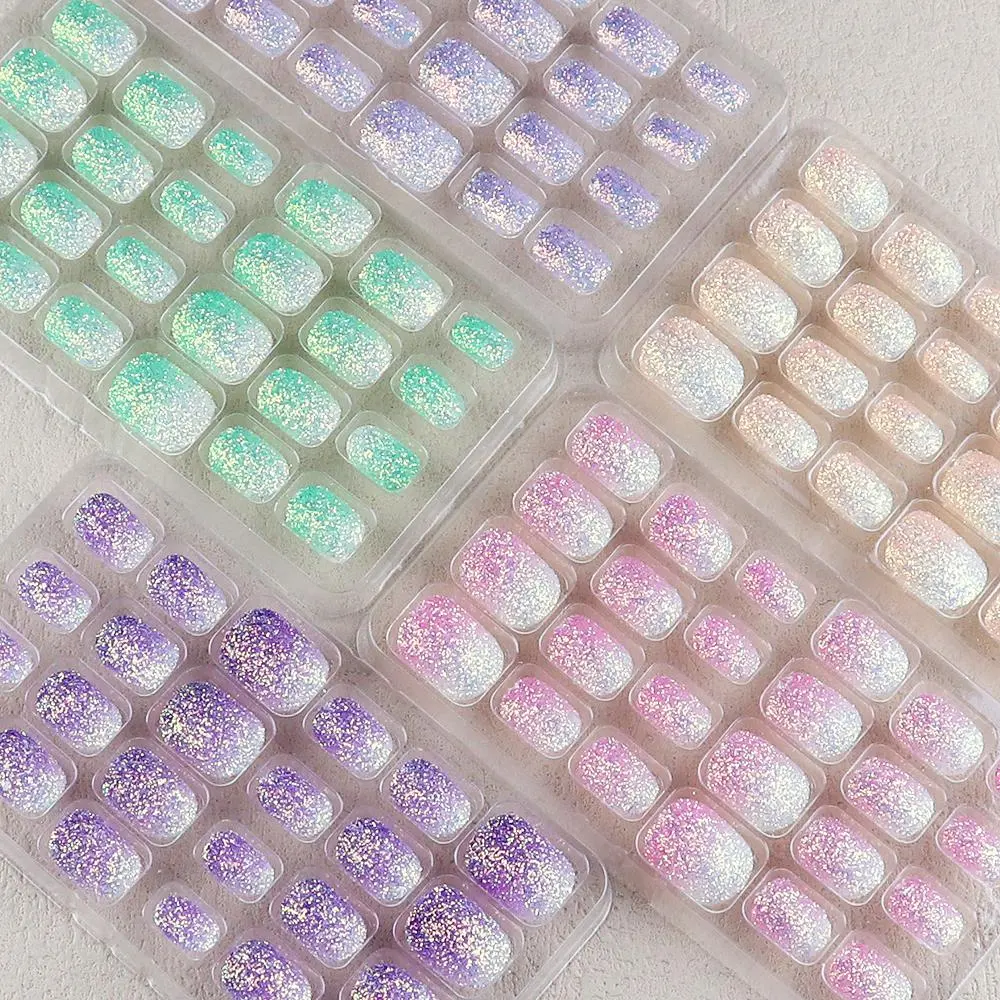 120Pcs Holographic Gradient Glitter Kids Press on Nails Pre-glue Oval False Nail Art Tips Short Full Cover Fake Nails for Girl