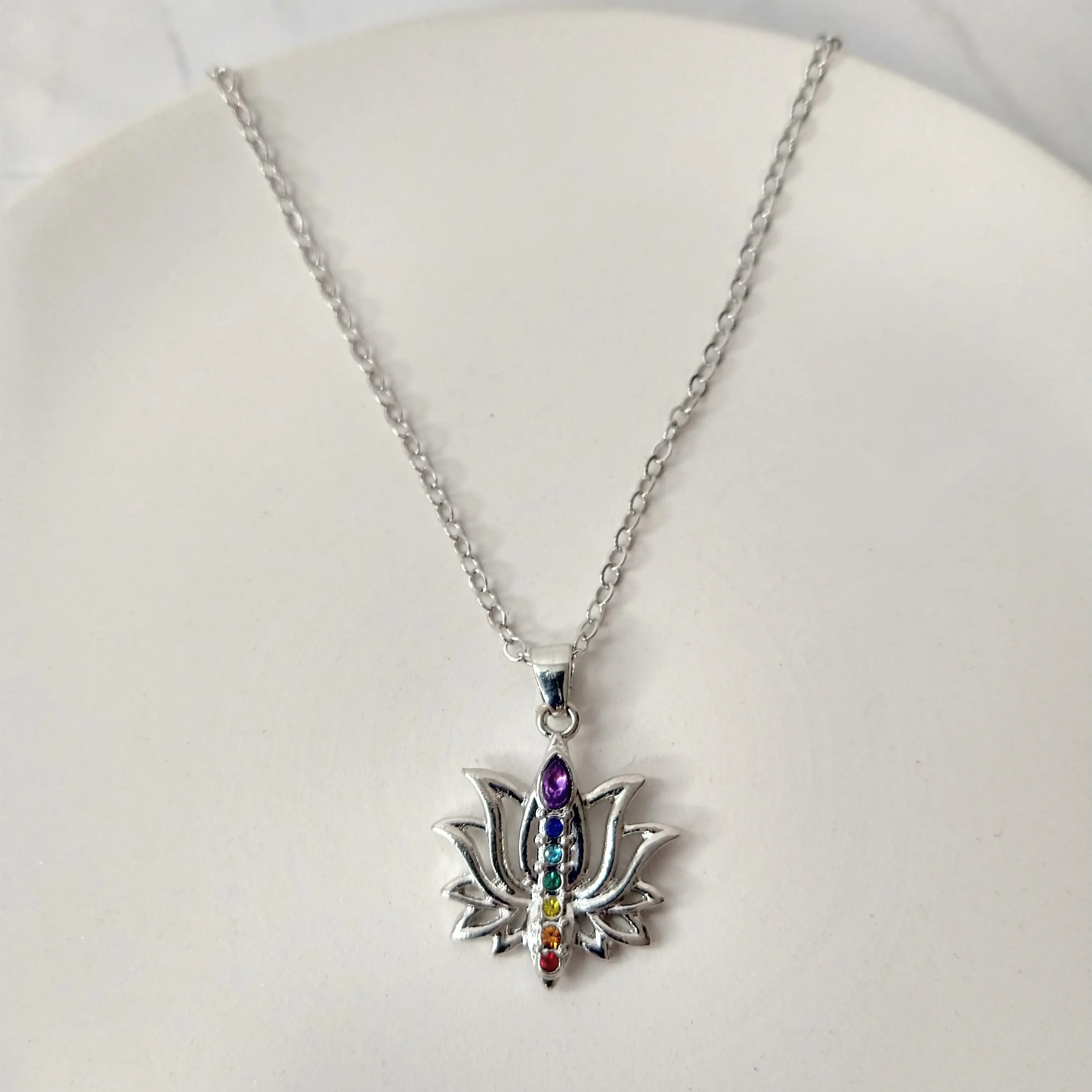 #545 Lotus with Rainbow Rhinestones 18 inch + 2 inch extender Necklace, Casual, Spiritual, Chakra, Alloy