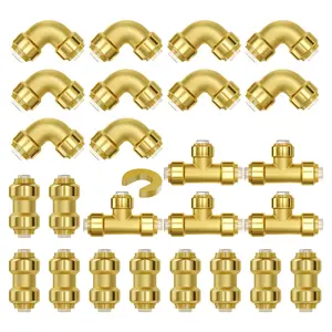 VEVOR Pipe Fittings,  1/2" 25PCS (10xStraight, 10xElbows, 5xTees) Brass Pipe Fittings, Push-Fit Pipe Connector Brass Air Fittings, Plumbing Fittings Adapter for Heating/Shower Systems, Water Pipes