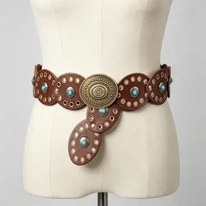 Women's Western Belts Cowgirl Disc Wide Leather Belt Vintage Turquoise Concho Eyelet Waist Belt Boho Style for Jeans Dress Skirt summerwins