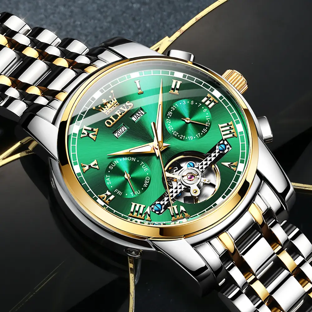 OLEVS Men's Luxury Business Watch Self-Winding Watch Automatic Mechanical Tourbillon Stainless Steel Waterproof Luminous Luxury Dress Watch