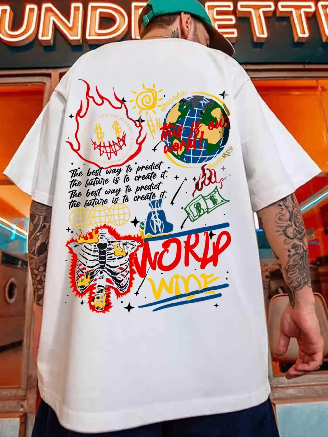 Men's Cartoon Letter Print Drop Shoulder Tee, Summer Clothes, Short Sleeve Crew Neck Loose Printed T-Shirt, Streetwear, Men Clothing, Causal Summer Gr