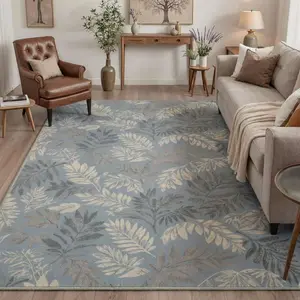 【Deals For You Days】GENIMO Rug Washable Area Rugs with Non Slip Backing, Low Pile Lightweight Floor Rug for Living Room Bedroom Dining Room, Fern Leaves Print Pattern Indoor Carpet, Dusty Blue