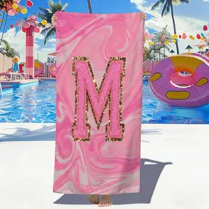 Girly Pink Swirl Marble Initial M Beach Towel, Absorbent Soft Microfiber, Lightweight Foldable Travel Essential, Perfect for Beach Days, Swimming Pool, Outdoor Camping, Backyard BBQ, Yoga Mat Towel
