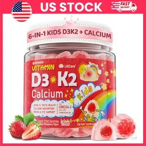 Vitamin D3 K2 Gummies for Kids & Teens, Liquid Filled Gummies, 1000IU 2000IU Vitamin D3, 30mcg K2, Calcium Citrate, Magnesium, Algal Omega 3 DHA, Sugar Free, Vegan, Bone & Teeth Support, Brain & Immune Health, Kids Vitamin Capsules, Strawberry, 60 Count