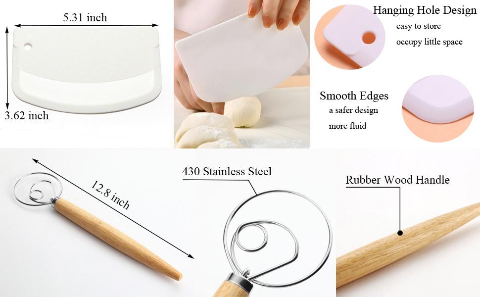 3PCS Stainless Steel Bread Lame and Danish Dough Whisk Set with 5 Replacement Blades, Scoring Bread Knife, Dough Scraper, and Sourdough Scoring Mold for Baking Bread, Pastry, Pizza, and Cake