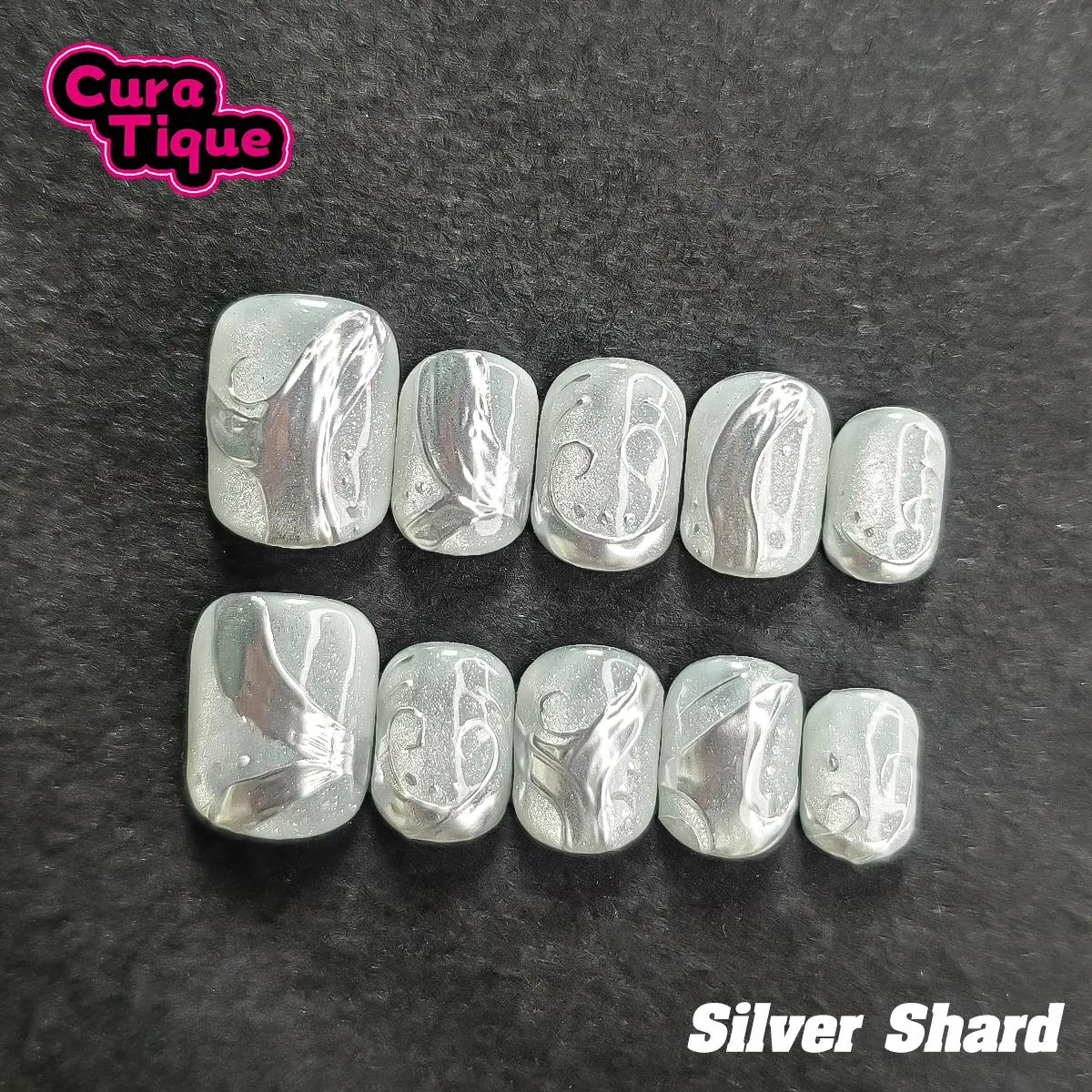 CuraTique | Silver Shard 10PCS Handmade Press On Nails REUSABLE 3D Gel spring/summer 2025 / Prom Diy Rhinestone