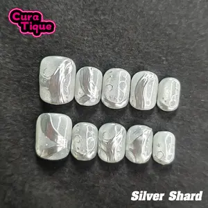 CuraTique | Silver Shard 10PCS Handmade Press On Nails REUSABLE 3D Gel spring/summer 2025 / Prom Diy Rhinestone