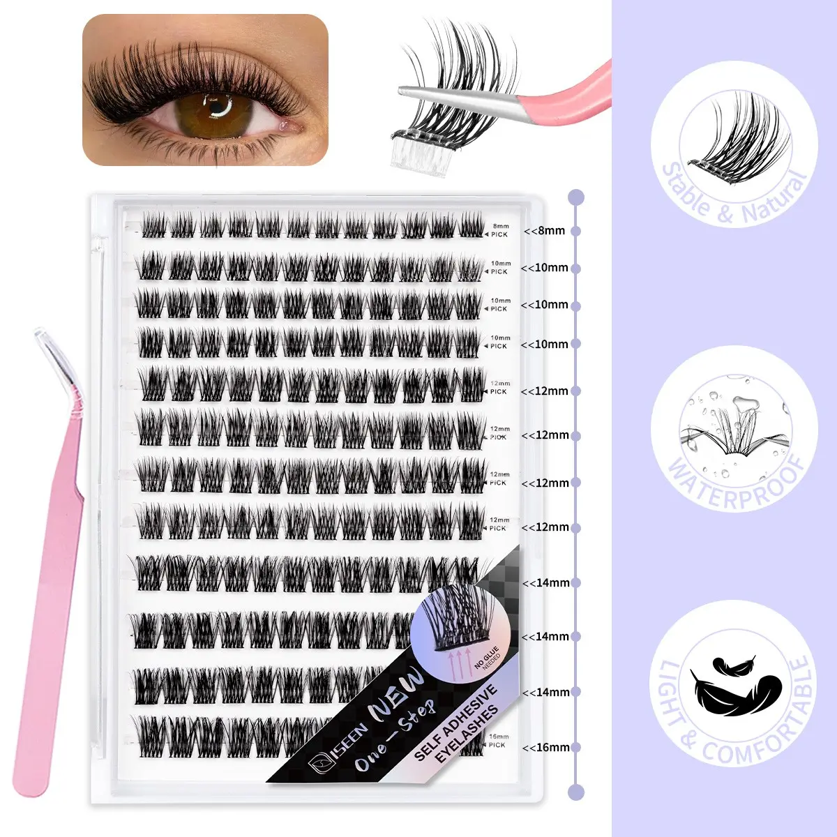 144 Pcs Self Adhesive Mixed Eyelash Clusters, Self Adhesive Eyelashes, No Glue Needed, Invisible Strip Tape - Longer Lasting, No Sticky Residue Pre Glued Eyelashes, Comes with matching tweezers, Glueless Lashes