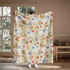 Cottagecore Duck Flannel Throw Blanket, White Duck Blue Bow Wildflowers Mushrooms Windmill Hearts, Soft Cozy Warm, for Couch Bed, Gift for Her, Birthday Christmas, Aesthetic Whimsical Cozy Decor