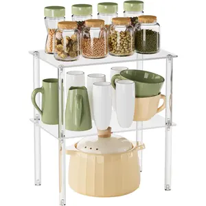 Acrylic Cabinet Organizer, Clear Cabinet Organizer Shelf, Stackable, Expandable, Spice Rack, Counter Shelf for Makeup,, Cupboard, Desk, Pantry Organization (Clear-2PACK)