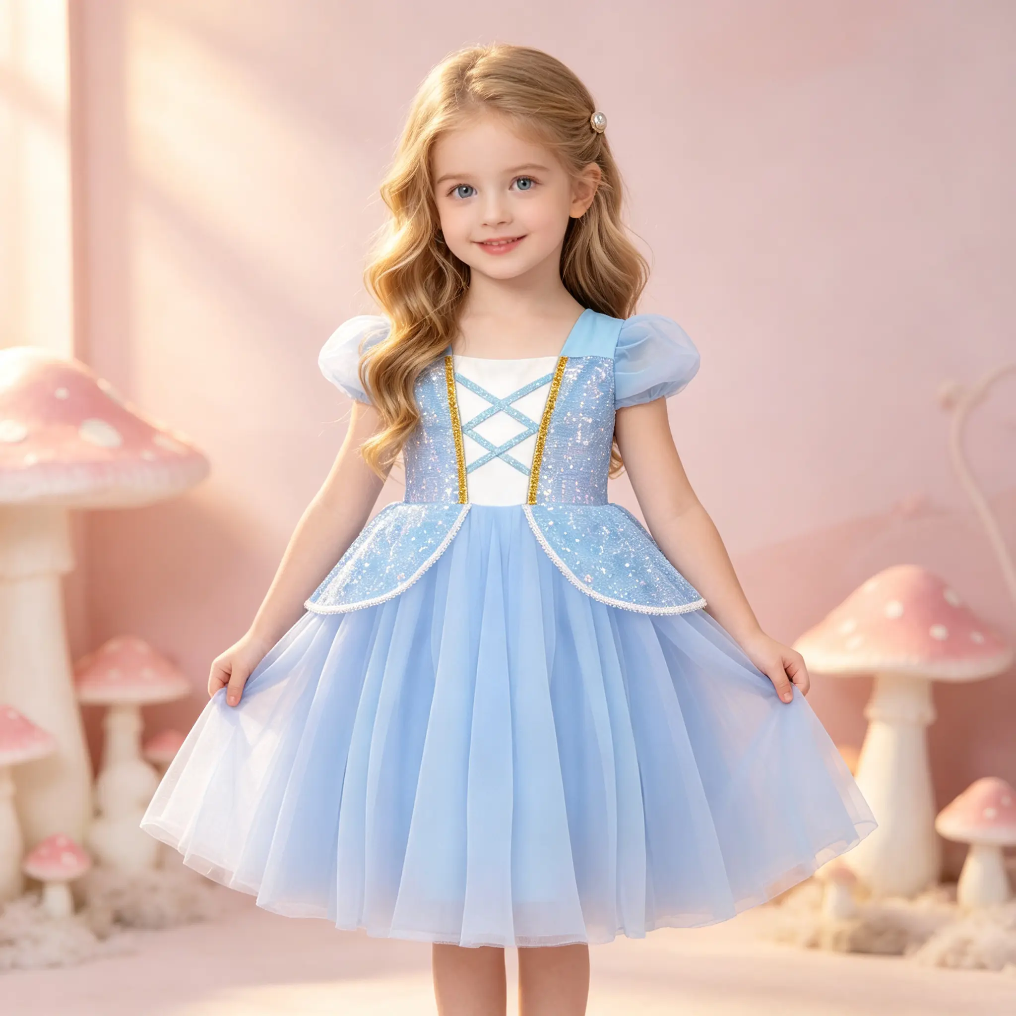 Girls Light Blue Cinderella Princess Tutu Dress, Puff Short Sleeve Crisscross Lace-Up Sequin Bodice, Fluffy Layered Tulle Skirt For Birthday Christmas Wedding Flower Girl Costume