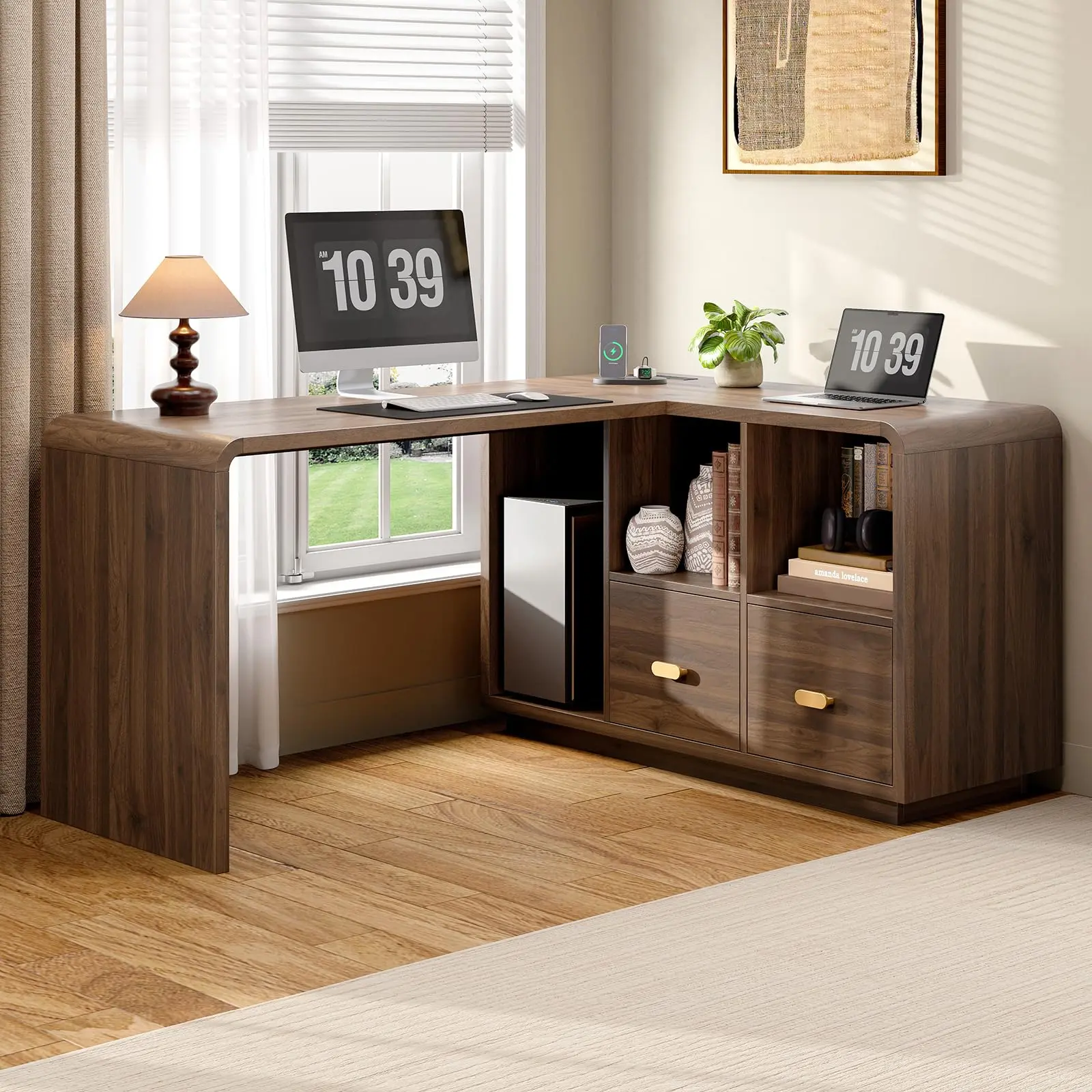 【SummerFinds】ONBRILL 58" Executive L Shaped Desk, Home Office Desk with File Drawers, Computer Desk with Power Outlets and Storage Shelves, Corner Computer for Home Office