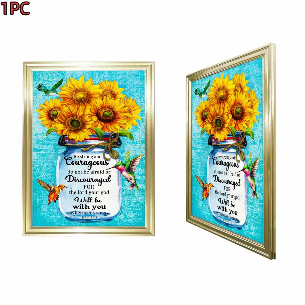 1pc Framed Gold Frame Sunflower Jar With Inspirational Quote Canvas Art Print For Living Room Bedroom And Kitchen Decor + Framed Design, Living Art Prints, Inspirational Graphic Prints