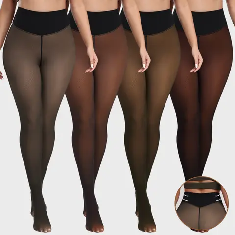 【COMPRESSION BAND & ONE SEAM】1/2/4-PACK Magic Fleece Lined Tights w/ 2-Waistband Option - ONE-LINED SEAM Women's Fake Sheer Warm Pantyhose Thick Winter Leggings Fashion Womenswear