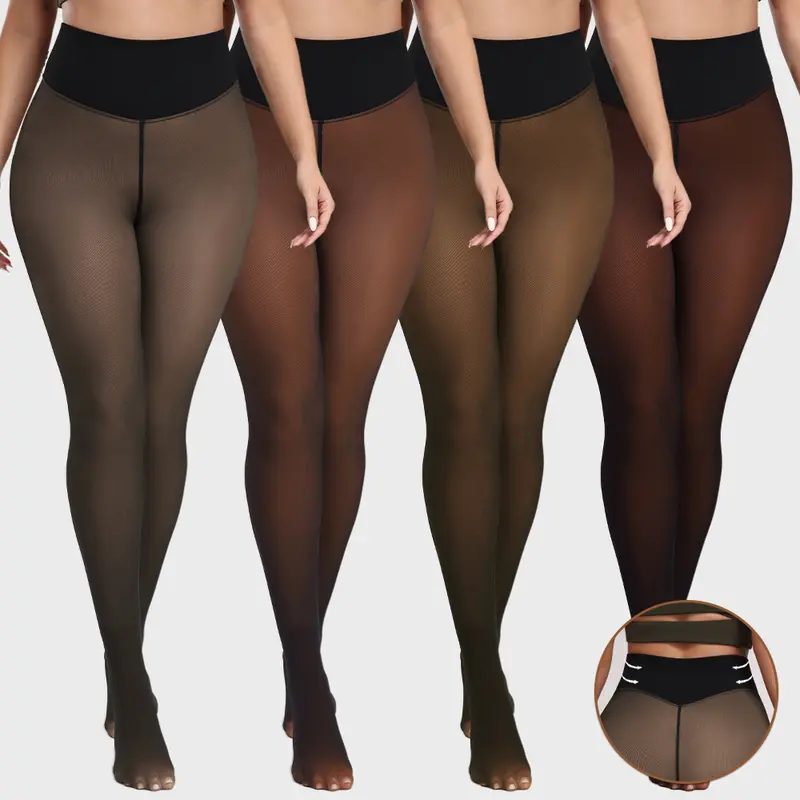 【COMPRESSION BAND & ONE SEAM】1/2/4-PACK Magic Fleece Lined Tights w/ 2-Waistband Option - ONE-LINED SEAM Women's Fake Sheer Warm Pantyhose Thick Winter Leggings Fashion Womenswear