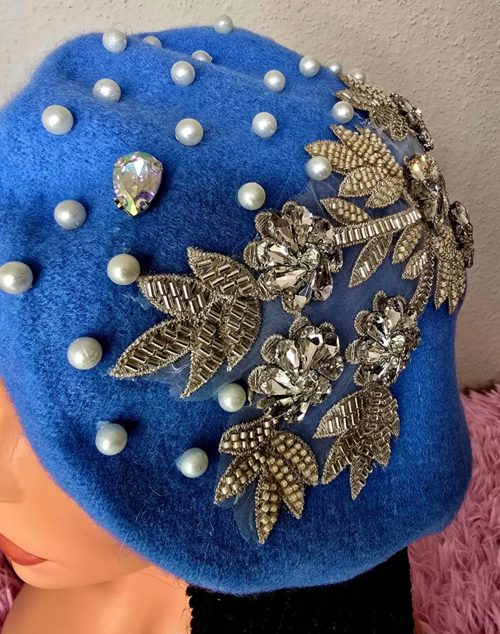 Women’s Royal Blue Embellished Beret – Pearl and Rhinestone Floral Fashion Hat