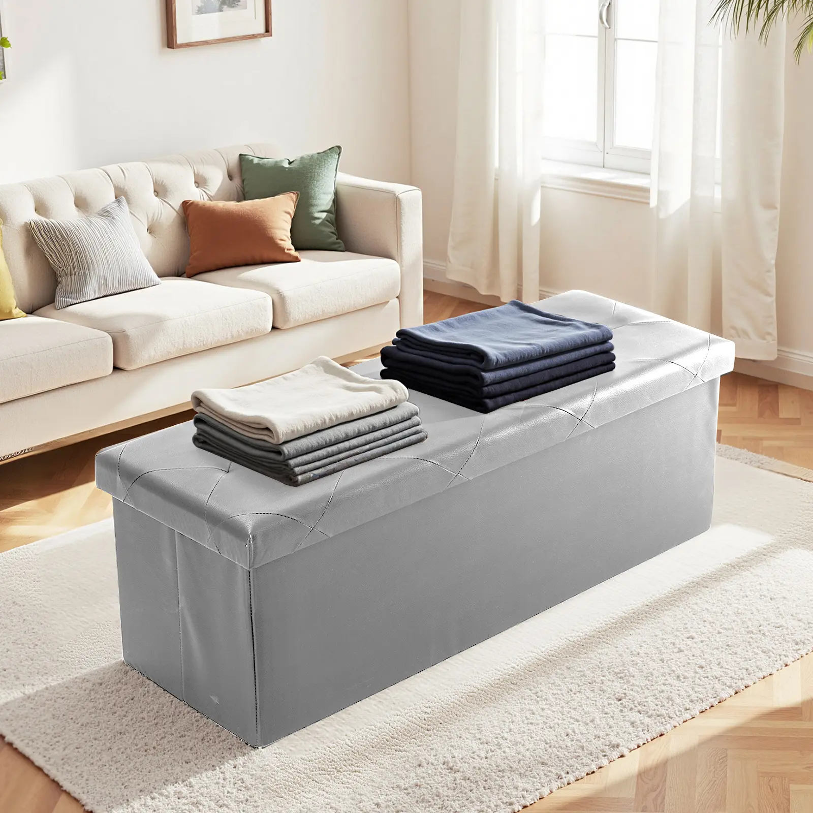 43 Inch Folding Ottoman With Storage Bench, Bedside Storage Bench With Leather Top Cover and Cushion, Footrest Suitable for Bedroom, Living Room