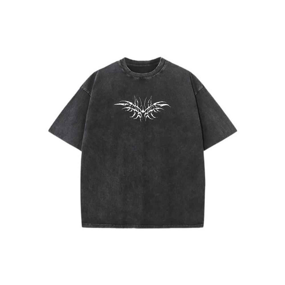 Gothic Winged Skeleton Graphic Vintage Washed Cotton T Shirt Mens Oversized Streetwear Crew Neck Short Sleeve Tee for Daily Wear Punk Rock Casual Outfit Hip Hop Y2K Retro Print Urban Style Breathable Soft Comfort Fit Edgy Aesthetic Top