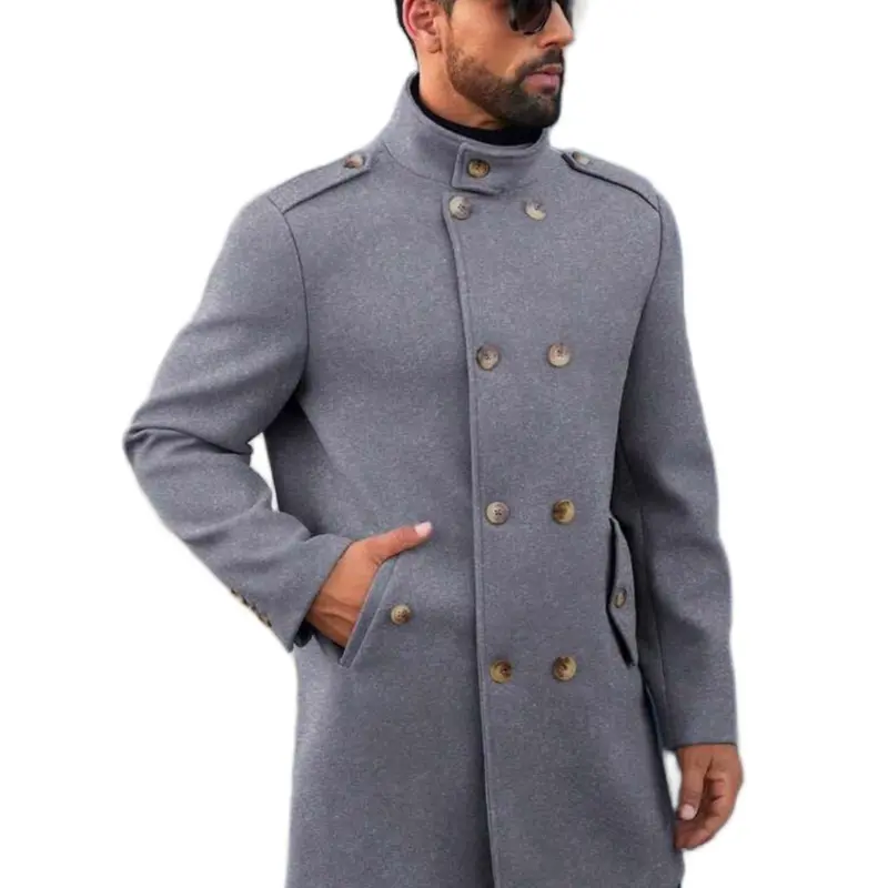 Mid Length Trench Coat for Men - Stylish Double-Breasted Design with Gold Buttons and Classic Fit Outerwear Jacket Long Sleeve