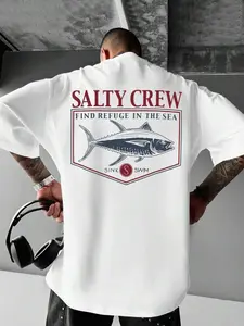 Salty Crew Tuna' Tuna Fishing Nautical Badge White Short-Sleeve T-Shirt, Casual Stylish Tee, Casual Maritime Streetwear Top, Cotton Fabric, Vintage Fishing Aesthetic, Trendy Oversized-Fit, Eye-Catching Tuna Print, Versatile Daily Wear, Perfect for Fishing