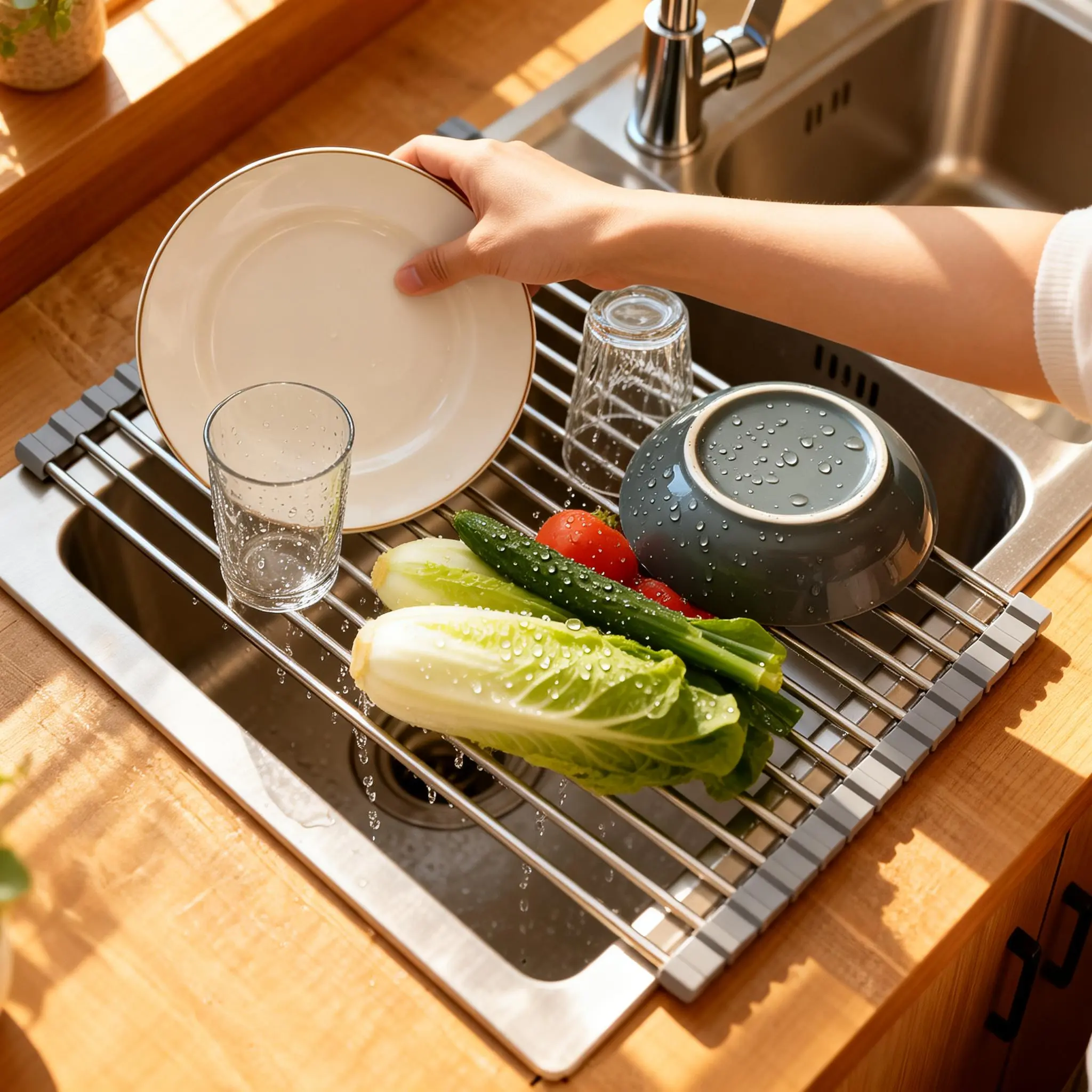 Stainless Steel & Silicone Multi-Functional Kitchen Sink Drying Rack - Foldable Roll-Up Dish Mat, Space-Saving, Heat-Resistant Home Organizer Accessory, Space-Friendly, Clutter-Free, Versatile Draining Boards, Ideal Gift for Fruit Storage, Space-Friendly