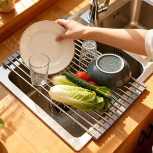 Multi-Functional Kitchen Sink Drying Rack Foldable Roll-Up Dish Mat Space Saving Heat Resistant Stainless Steel & Silicone for Home Family Apartment Use