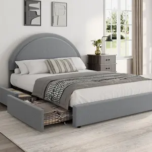 Grey Full Size Bed Frame with Storage Drawers, Upholstered Boucle Platform Bed with Round Headboard, No Box Spring Need, Sturdy Metal Slats Support, Easy Assembly