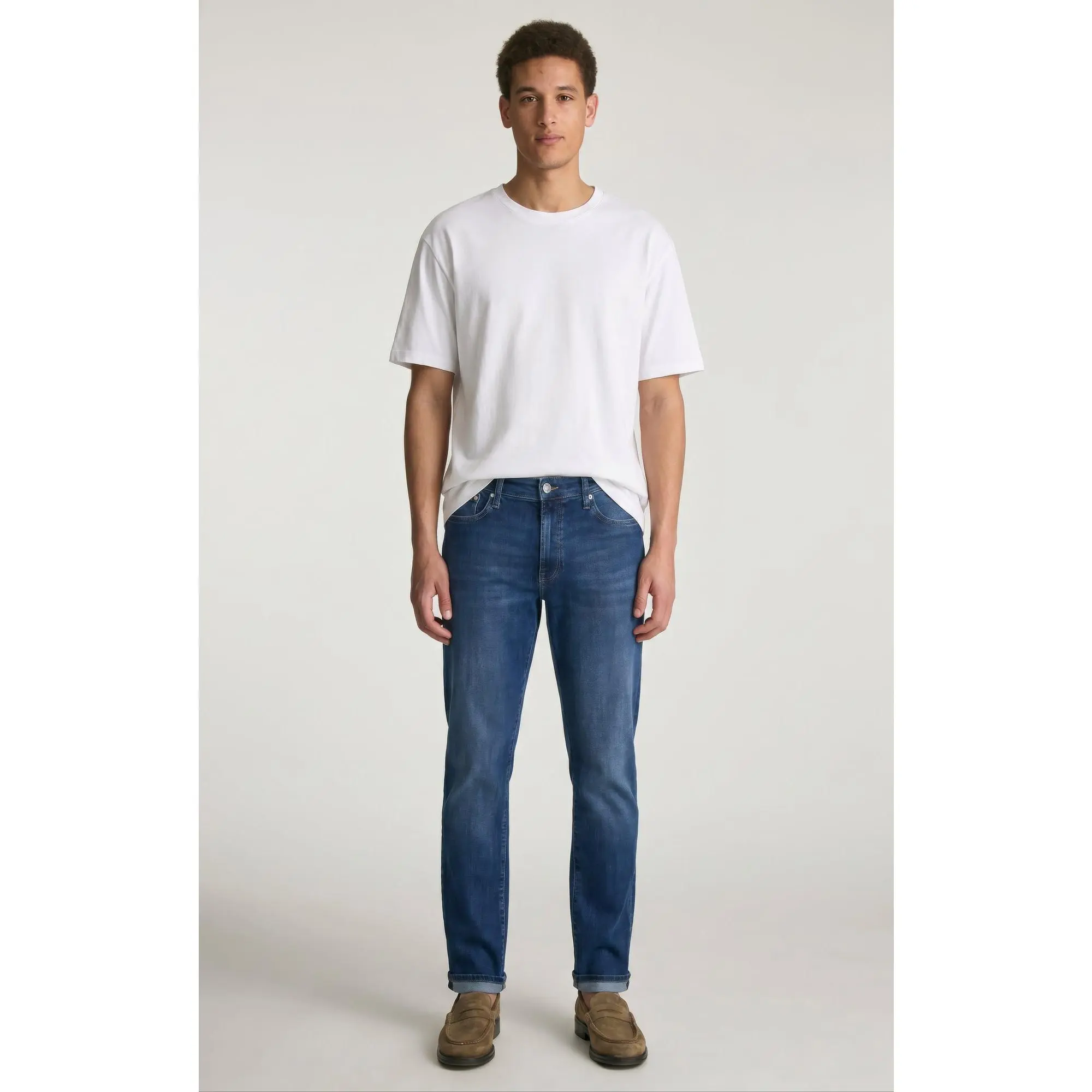 Zach Classic Straight Leg Men's Jeans - Regular Rise Casual Fit with Comfortable Stretch Denim, Medium Blue Whiskered Look, Menswear, Pants, Elastane, Casual Wear, Street Casual Men's Jeans