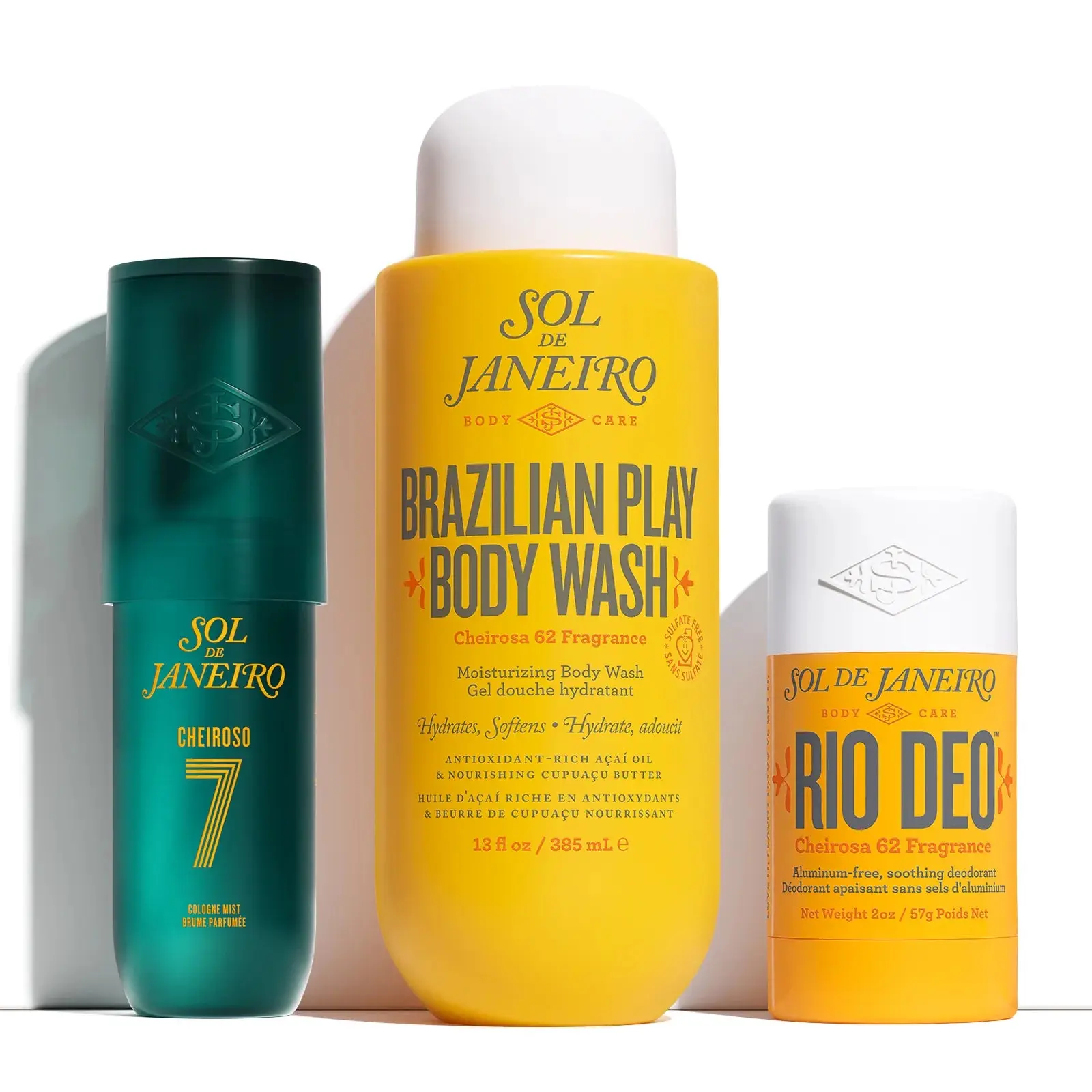 Sol de Janeiro Sun-Drenched Bundle, 3-Piece Men's Body Care Set with Cheiroso 7 Cologne Mist, Nourishing Body Wash & Odor-Eliminating Rio Deo