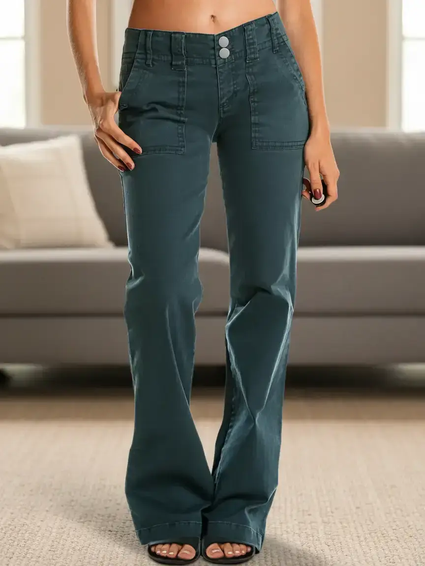 Women's High Waist Silky Soft Non-Stretch Twill Cargo Pants - Dual Metal Button Fly, 2 Side Pockets, Oversized Relaxed Bootcut Full Length Floor-Grazing Flared Casual Bottoms, Basic