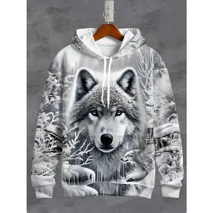 ELI Men's Wolf Printed Hoodie Casual Polyester Knitted Sweater Zipper Pocket Autumn Winter Regular Edition Animal Pattern Pullover Streetwear Graphic Top