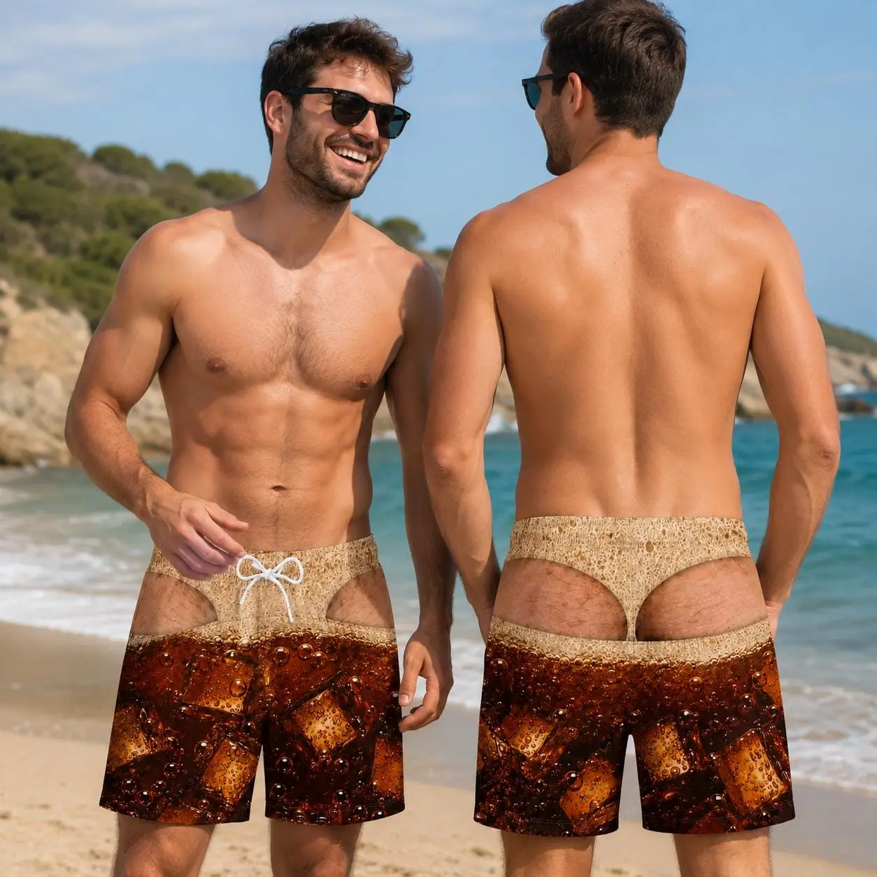 Funny Soda Swim Trunks, Men's Bathing Suit, Fake Butt Board Shorts, Novelty Beachwear, Pool Party Gag Gift for Him