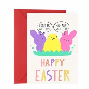 1-Piece Easter Greeting Card: Cute "Peeps Be With You" design (colorful bunnies + chick). Playful, pop-culture-inspired quote. Bright, cheerful typography & vibrant illustrations. Premium paper + red envelope. Perfect for fun, quirky Easter gifting—whimsi