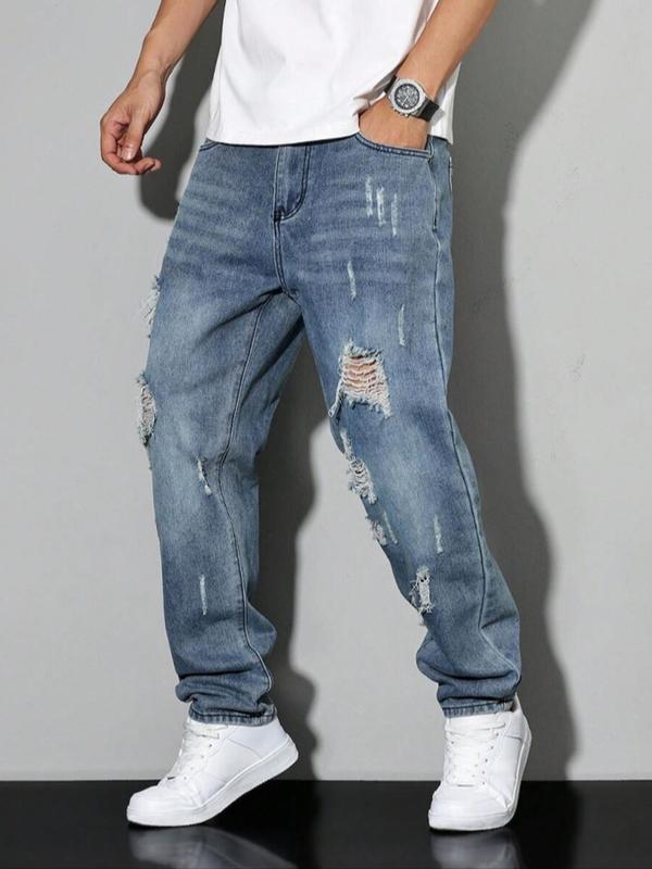 Men's Ripped Denim Jeans, Fashion Street Style, All-Season Wear, Trendy Hole Design, Comfortable Fit, Stylish Men's Clothing