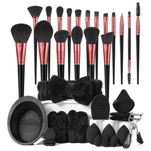 36PCS All-in-One Makeup Tools Set,18PCS Soft Makeup Brushes,Makeup Sponges,Powder Puffs,Eyelash Curler,Hairband,Hand Bowl Straps and Cleaning Tools,Portable Travel Daily Beauty Kit
