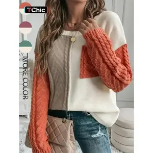 Women’s color-blocked off-shoulder sweater, autumn and winter casual long-sleeve crewneck pullover, fashionable women’s knit everyday wear GARMENTARY