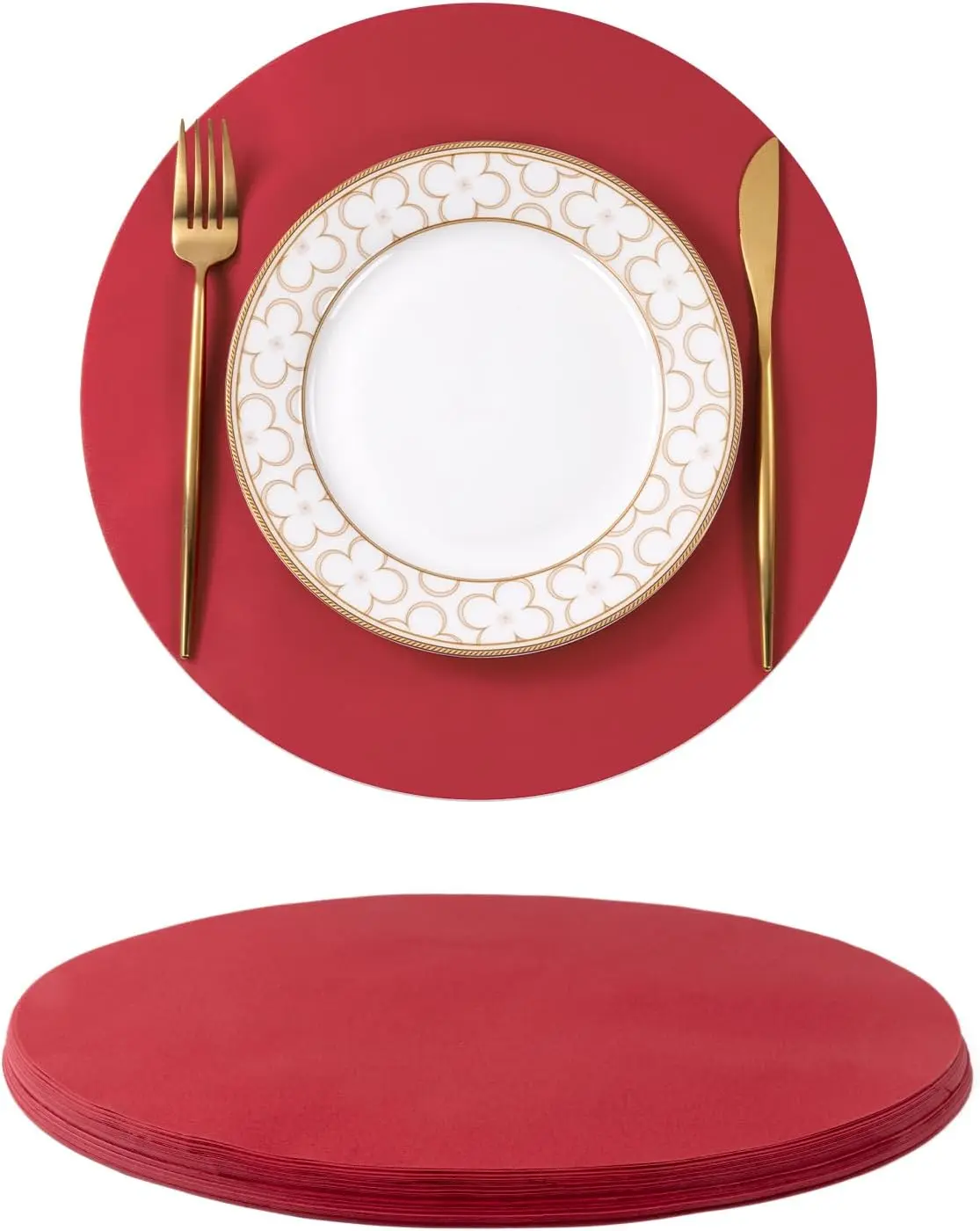 100 count Round Paper Placemats Disposable 13 inch Colored Paper Decorative Place Mats for Wedding Birthday Party Events Thanksgiving Christmas Table Decoration, Dark Red